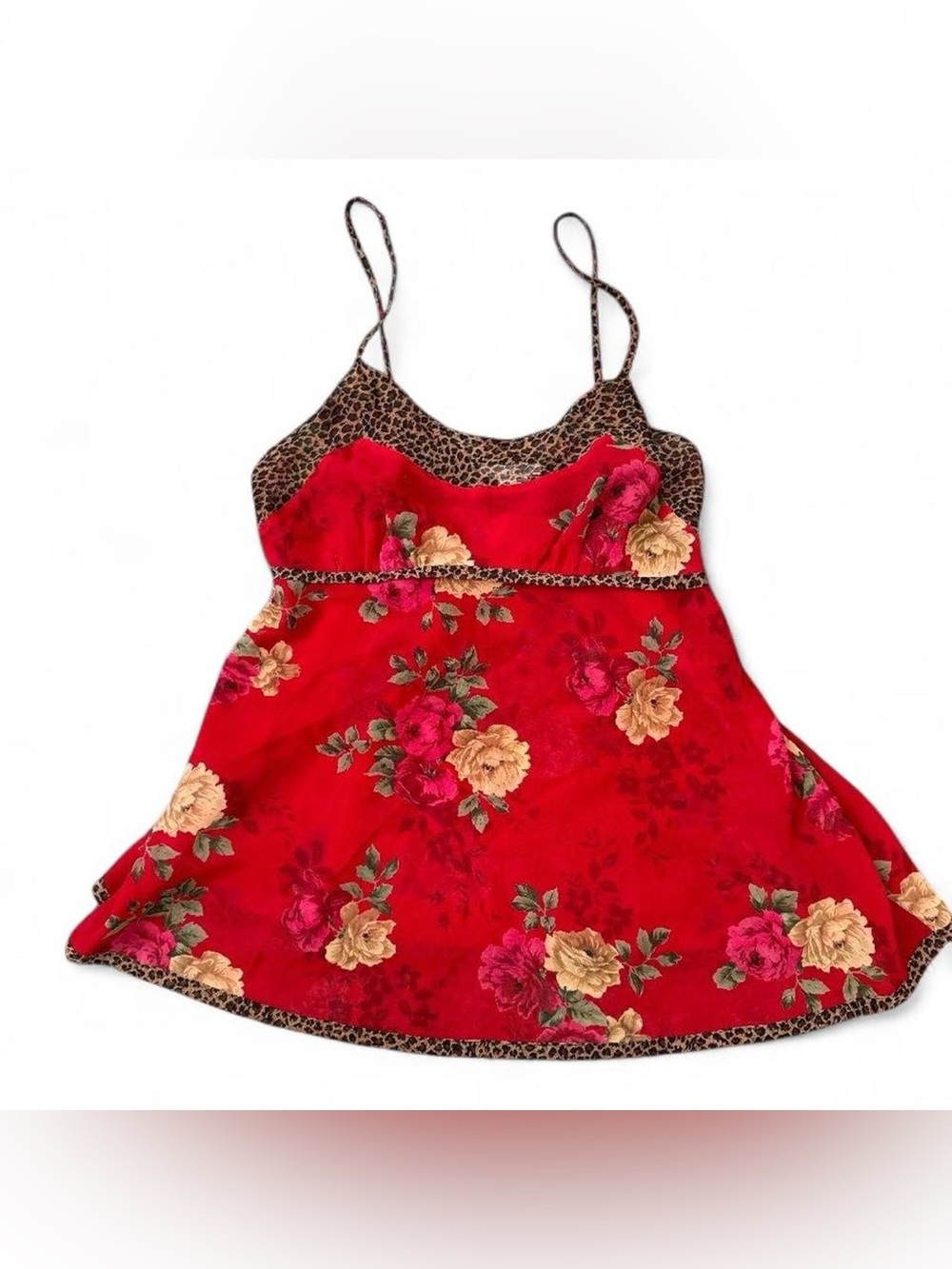 Vintage 90s Red Floral Leopard Trim Cami Top / Mini Slip Dress